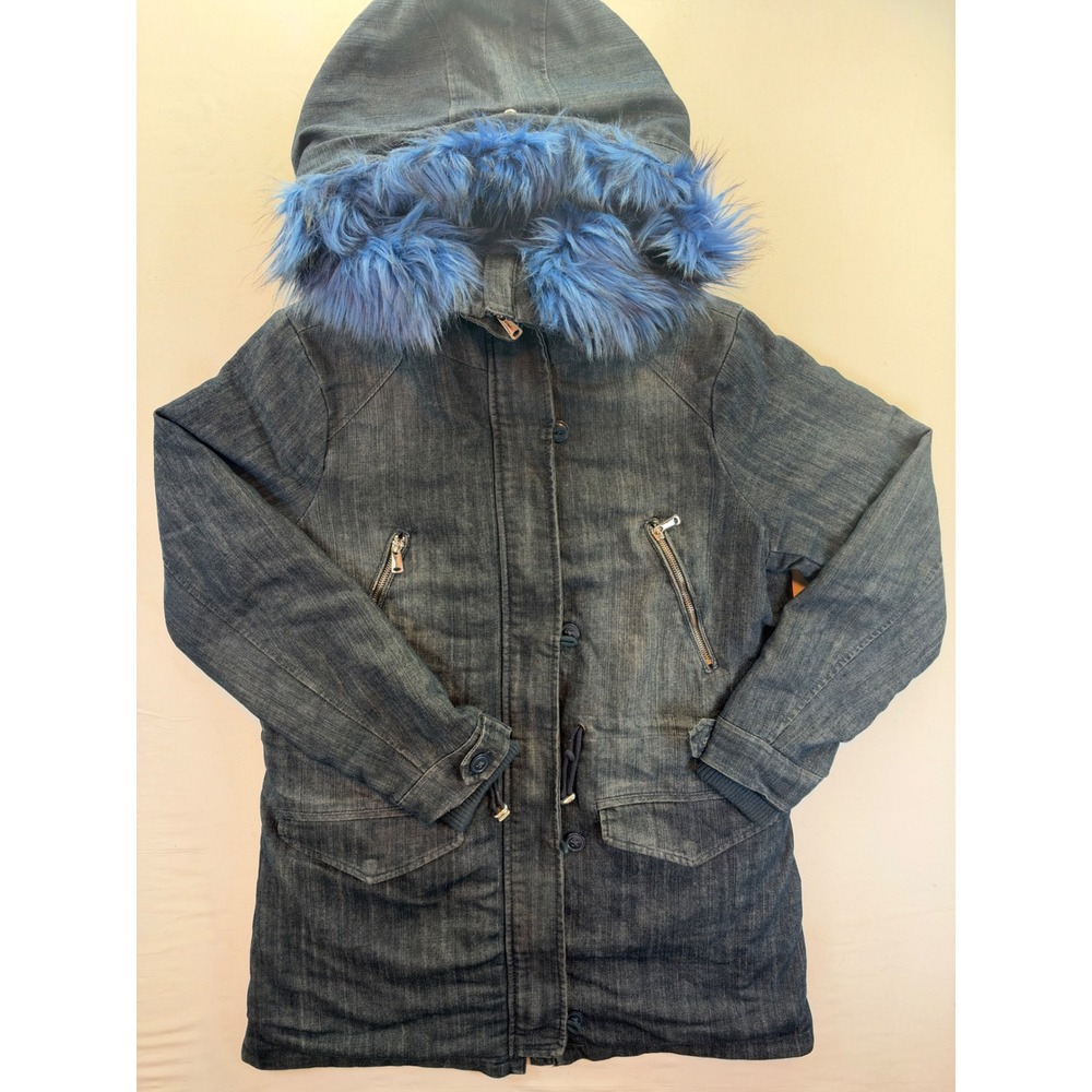 Dex Outerwear Denim Parka Jacket Blue Faux Fur Hood Lining Dark Wash Coat Womens